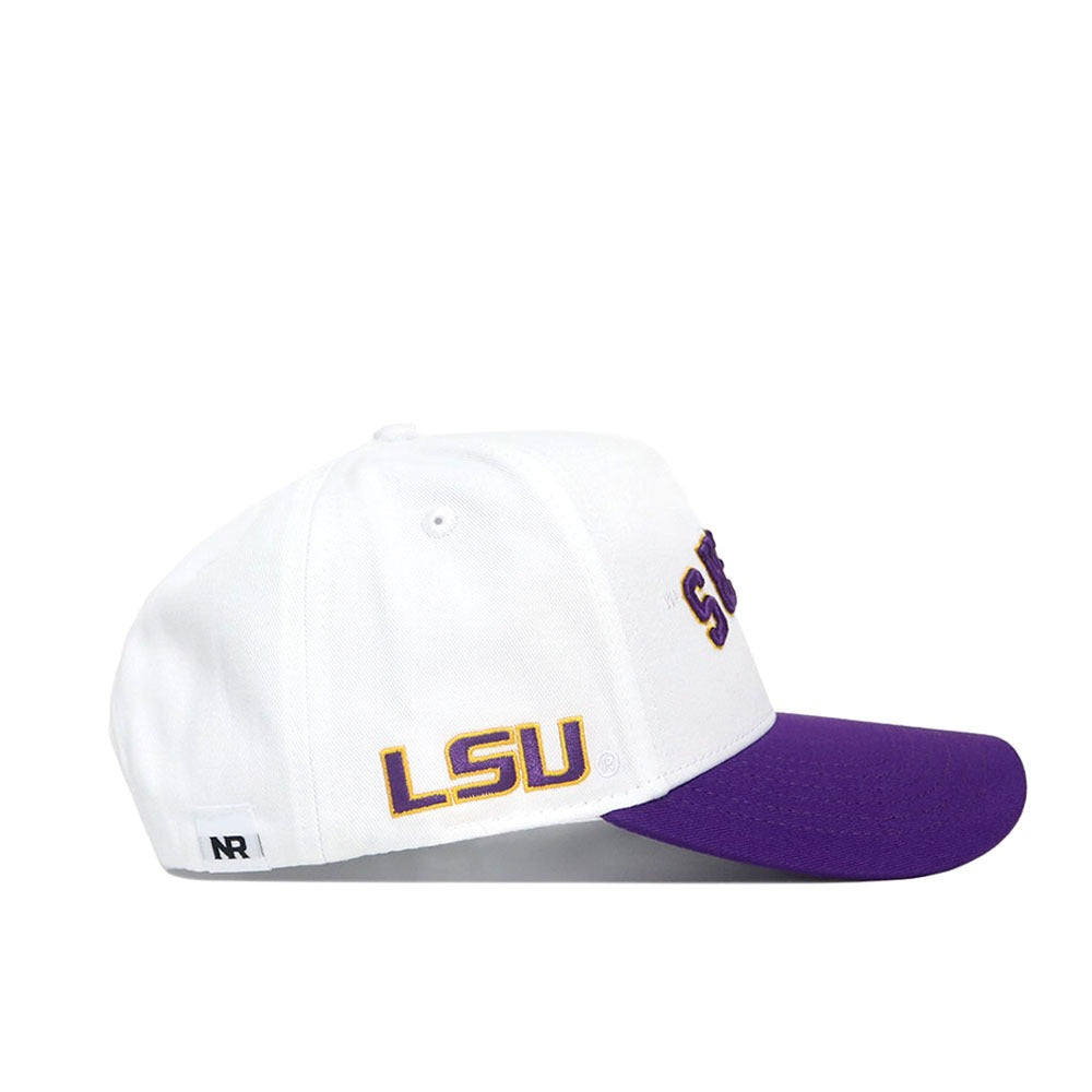 White and purple LSU cap on a white background