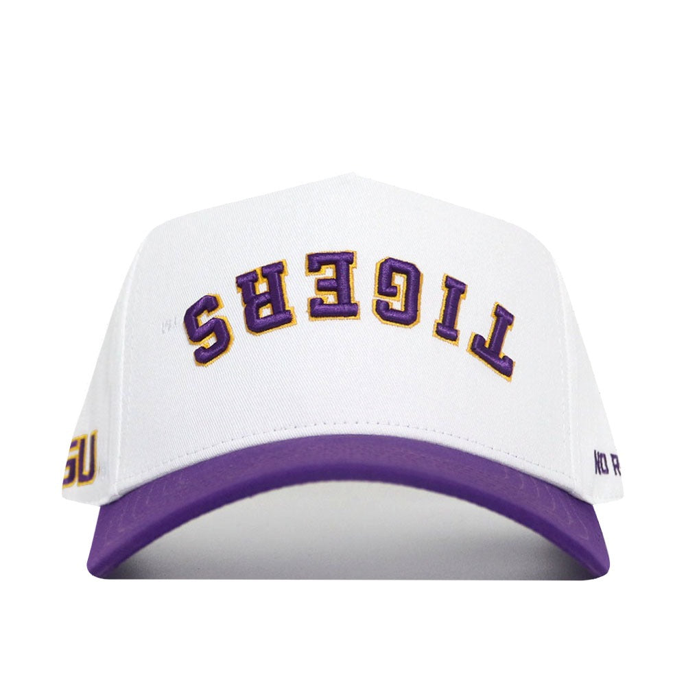 White cap with purple brim and 'TIGERS' text on a white background