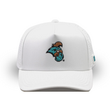 White cap with a logo on a white background