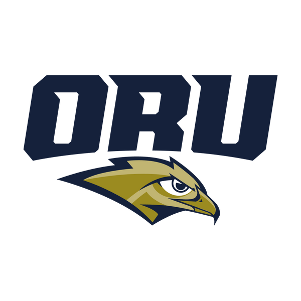 The image shows the letters ORU in bold navy font above the head of a gold and navy eagle logo, representing Oral Roberts University. The background is white.