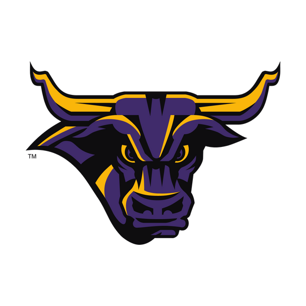 Stylized logo of a bulls head colored in purple, yellow, and black, facing forward with a fierce expression and large, pointed horns extending outward.