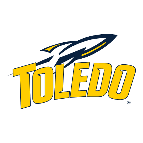Toledo Rockets logo with a stylized rocket flying over the word TOLEDO in bold yellow letters, outlined in navy blue, on a light background.