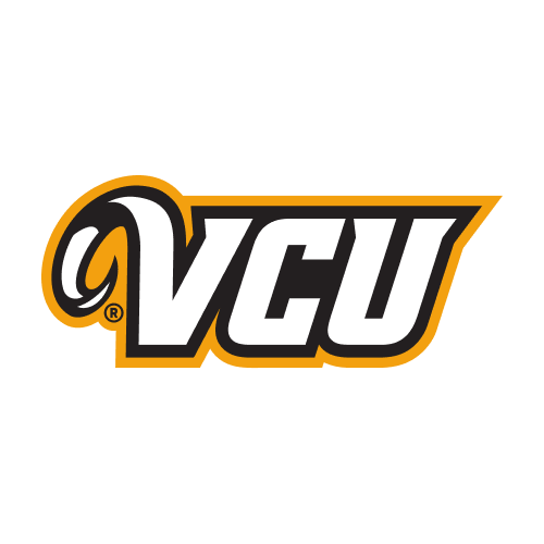 VCU logo in bold white letters outlined in black and gold, with a stylized ram horn forming the left side of the V, on a light gray background.