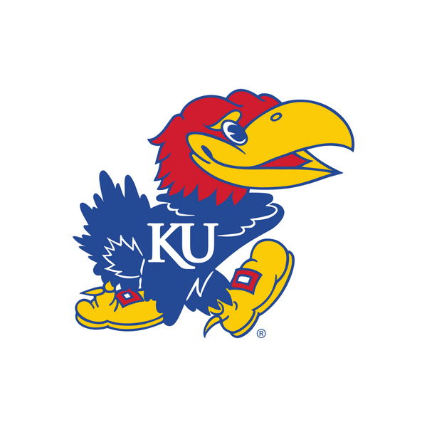 The University of Kansas Jayhawk mascot, a blue and red cartoon bird with yellow beak and shoes, walking with “KU” on its chest, set against a light gray background.