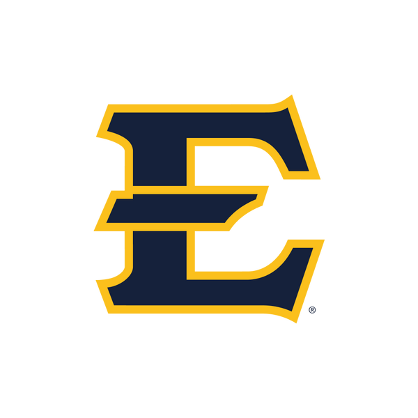 A bold, navy blue capital letter E outlined in gold on a white background.
