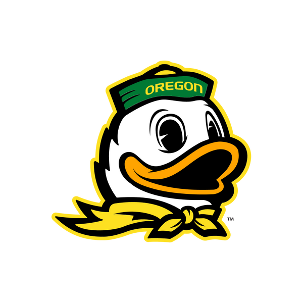 Cartoon duck head wearing a green hat labeled OREGON and a yellow scarf, outlined in yellow and black. This is the logo for the University of Oregon mascot.