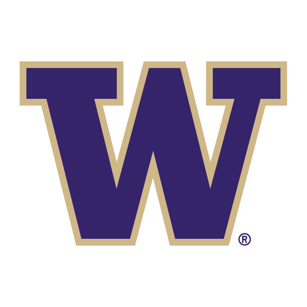 A large, bold purple letter W outlined in gold on a white background.