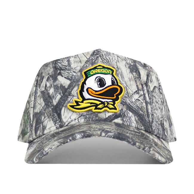 The No Rivals Oregon Outland Hat is a high-quality cotton camo baseball cap with the Oregon Ducks mascot—cartoon duck in green hat and yellow scarf—embroidered front and an adjustable snap back for a perfect fit.