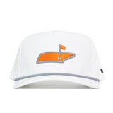 The No Rivals Tennessee Golf Hat - Orange is a white cap with an orange Tennessee outline and golf flag on the front, a gray embroidered brim border, and a classic snapback closure for a great gameday fit.