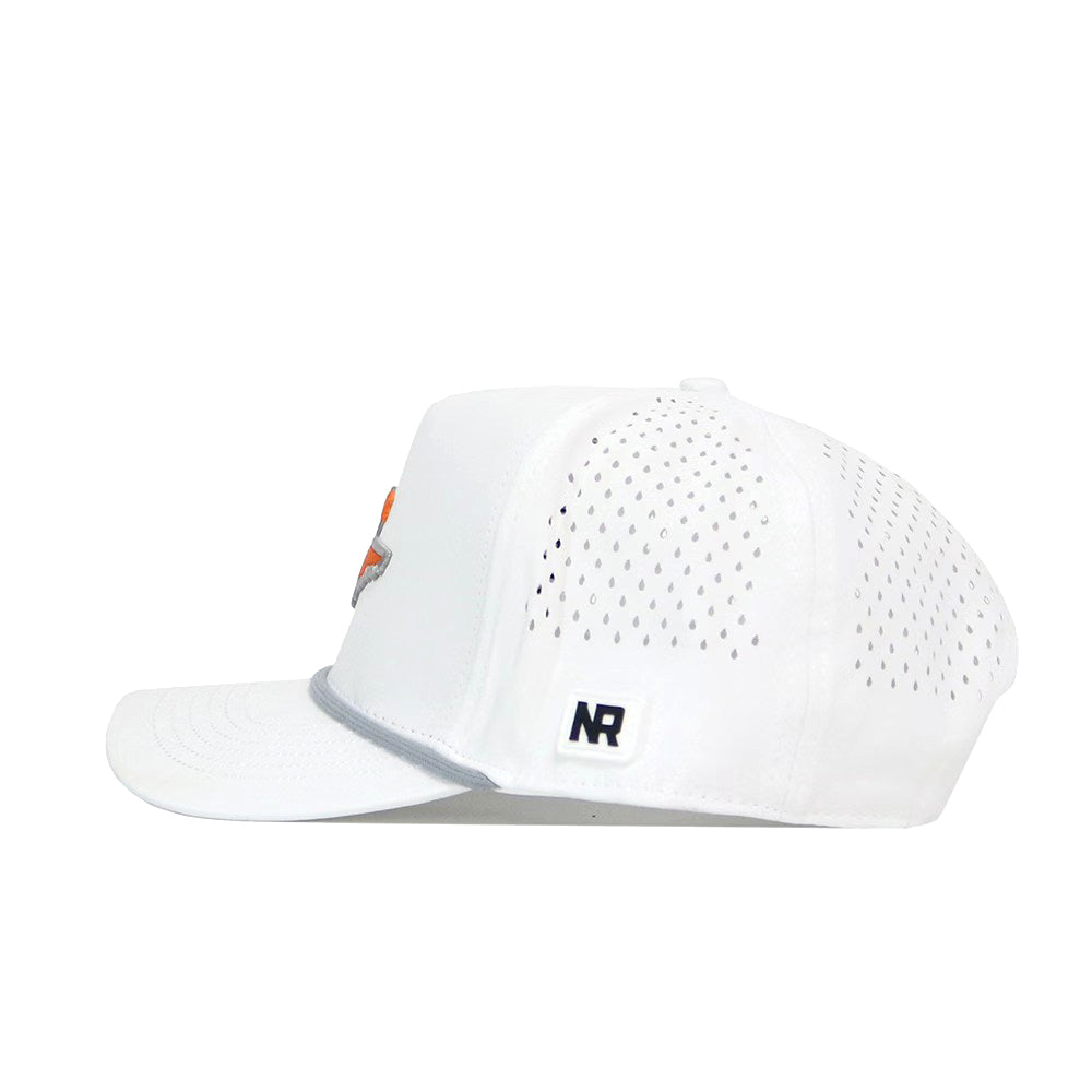 The No Rivals Tennessee Golf Hat - Orange features small perforated holes for ventilation, an embroidered front logo, a black NR tag near the brim, and a snapback closure for an ideal fit.
