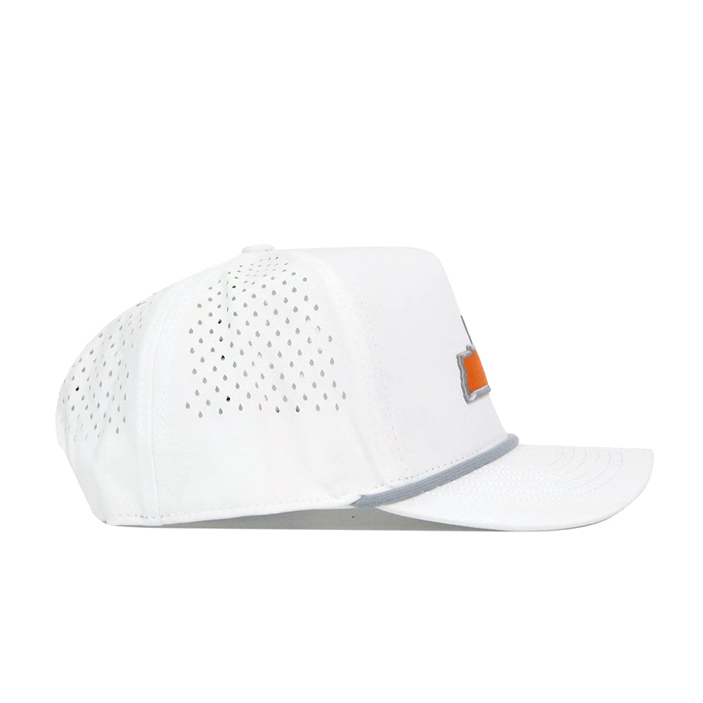 Side view of the No Rivals Tennessee Golf Hat - Orange, a white cap with ventilation holes, gray brim trim, orange and gray embroidered front logo patch, Gameday Fit, and Snap Back Adjustment for comfort.