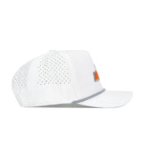 Side view of the No Rivals Tennessee Golf Hat - Orange, a white cap with ventilation holes, gray brim trim, orange and gray embroidered front logo patch, Gameday Fit, and Snap Back Adjustment for comfort.