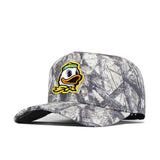 The No Rivals Oregon Outland Hat is a gray camo snapback with the Oregon Ducks logo embroidered on the front, shown angled against a white background—perfect for finishing your gameday look.