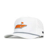 The No Rivals Tennessee Golf Hat - Orange is a white cap with side perforations, an orange state golf flag logo on front, gray underbrim, snapback closure, and a small MR logo on the side.