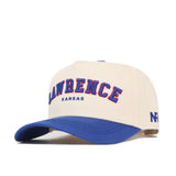 The Lawrence Hometown Hat by No Rivals features a beige snapback design with LAWRENCE KANSAS embroidered in blue and red, a blue brim, and NR stitched on the side. Made from high quality cotton for a durable, structured fit.