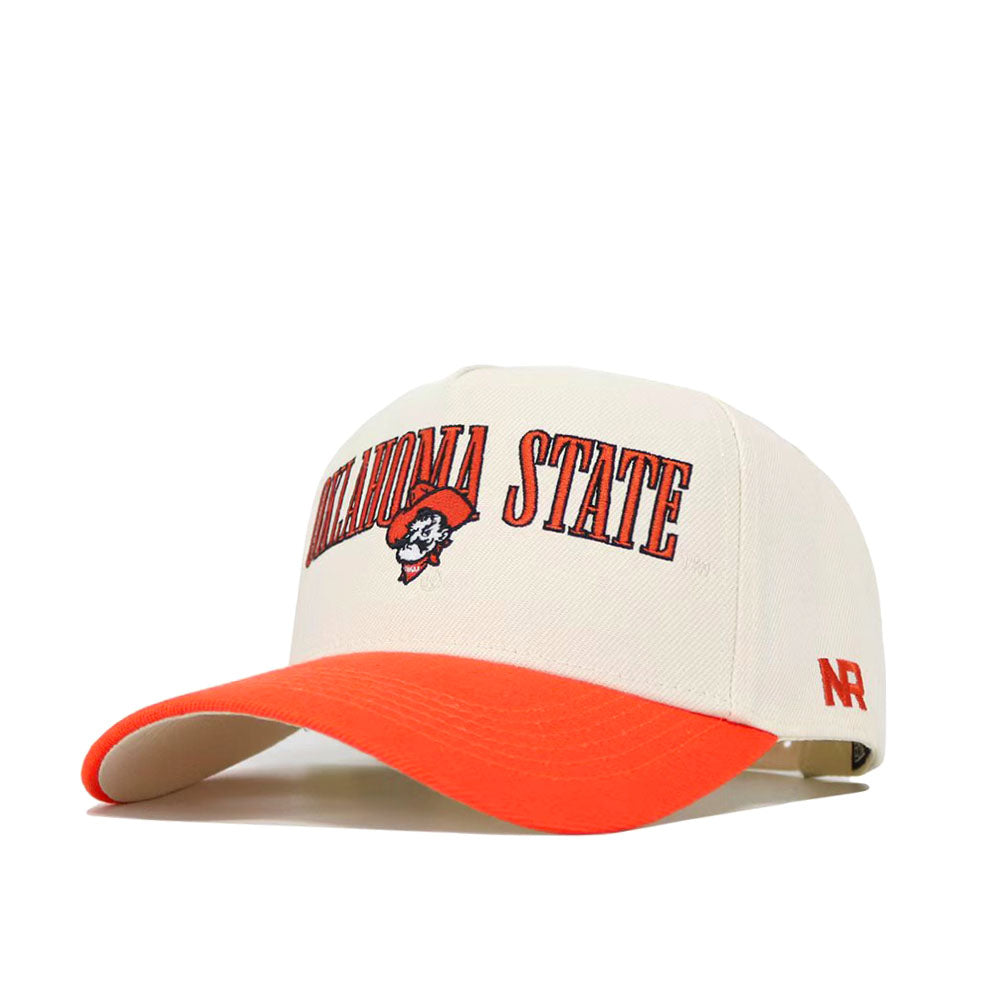 The Oklahoma State Retro Block Hat by No Rivals features a cream crown, orange brim, bold orange and black "Oklahoma State" lettering with a mascot logo on front, NR stitched on the side, and a structured fit for lasting shape.