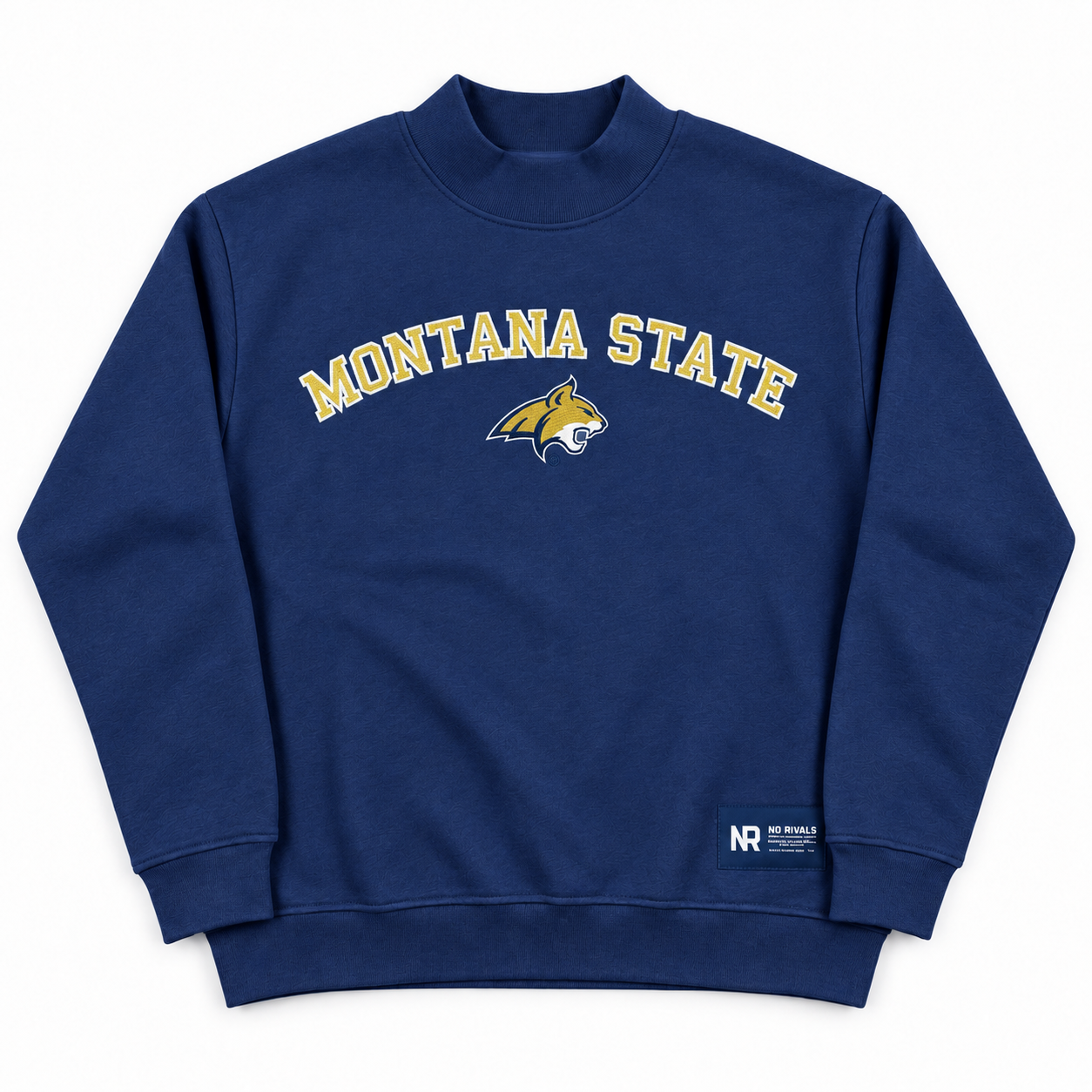 Navy Montana State Mock Neck sweatshirt in heavyweight cotton with MONTANA STATE and a bobcat mascot logo in yellow and white across the chest.