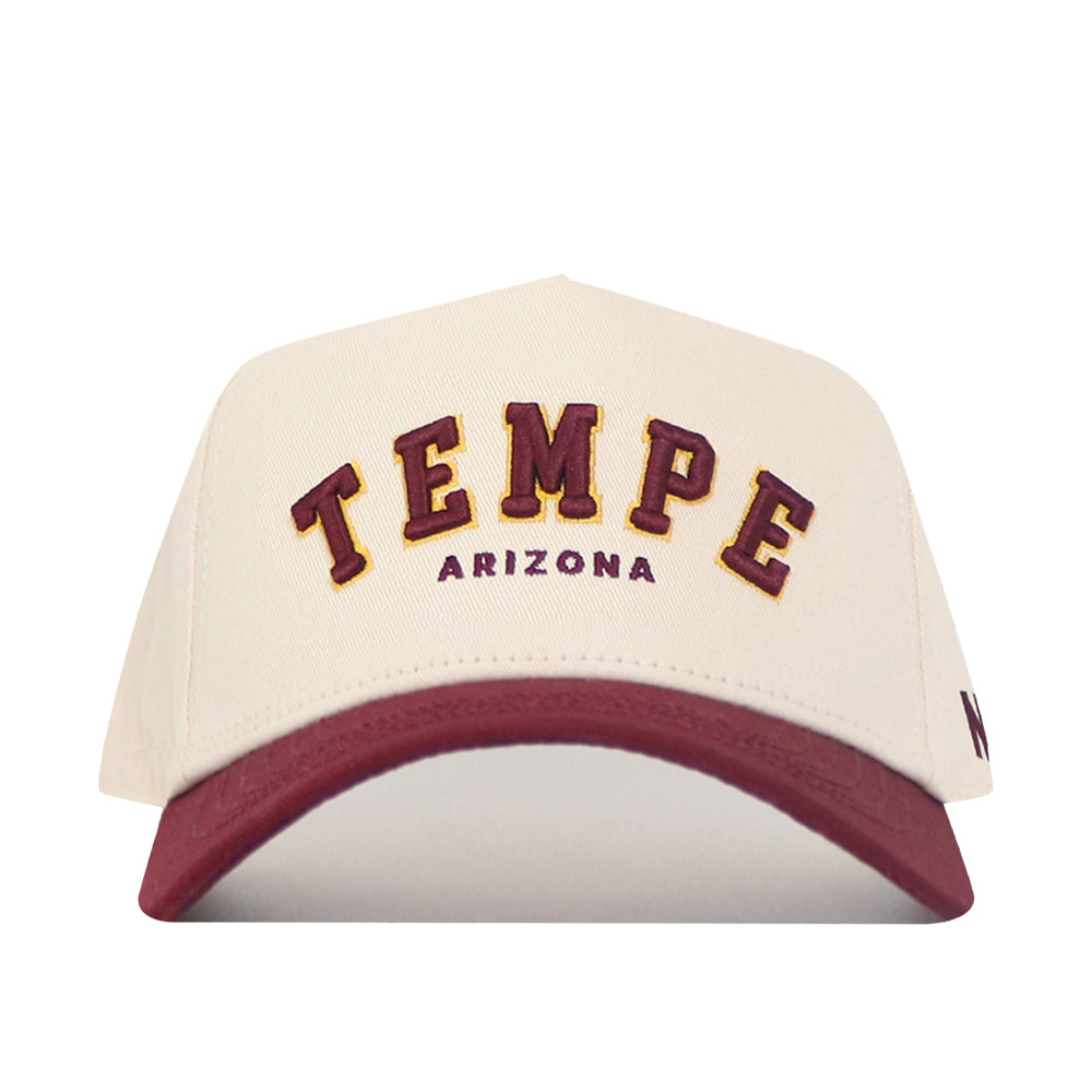 The No Rivals Tempe Hometown Hat is a cream cotton baseball cap with "TEMPE" in large maroon and gold letters, "ARIZONA" below in maroon, a maroon brim, structured fit, and an adjustable snap back.