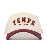 The No Rivals Tempe Hometown Hat is a cream cotton baseball cap with "TEMPE" in large maroon and gold letters, "ARIZONA" below in maroon, a maroon brim, structured fit, and an adjustable snap back.