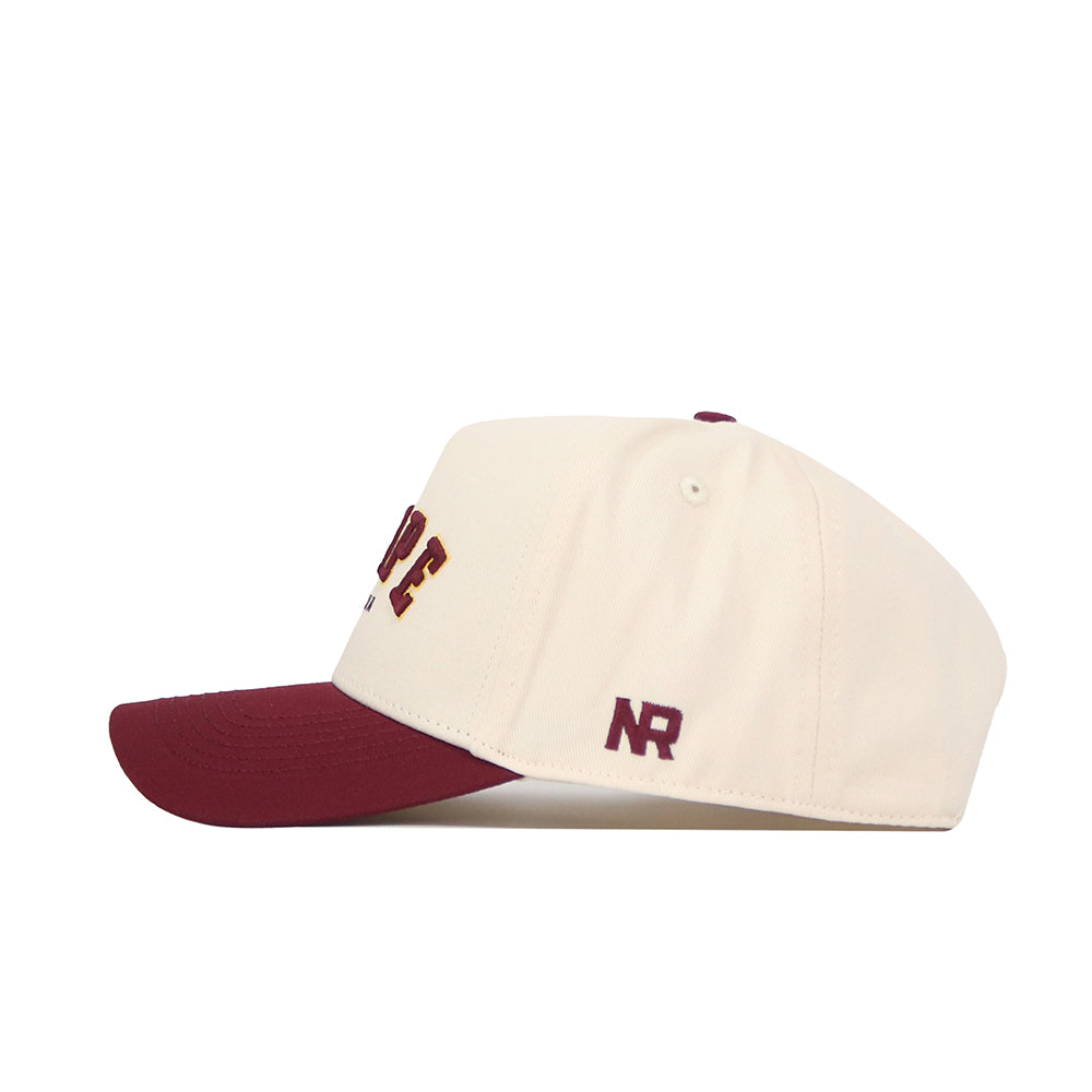 The Tempe Hometown Hat by No Rivals is a cream structured fit hat with a maroon brim and top button, maroon and yellow embroidered text including "NR" on the side, high-quality cotton, and snapback sizing.