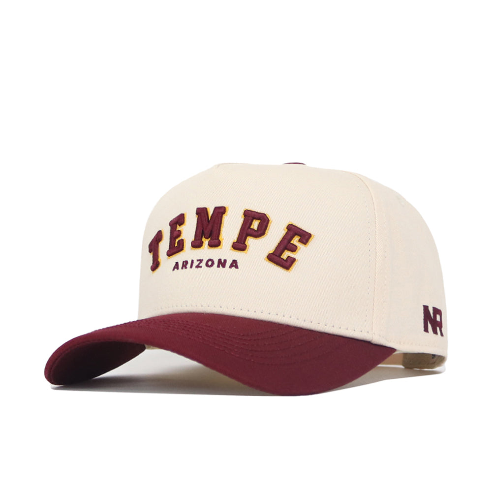 The No Rivals Tempe Hometown Hat is a cream cotton cap with a maroon brim, structured fit, "TEMPE" in bold maroon and gold, "ARIZONA" below, and NR embroidered on the side.