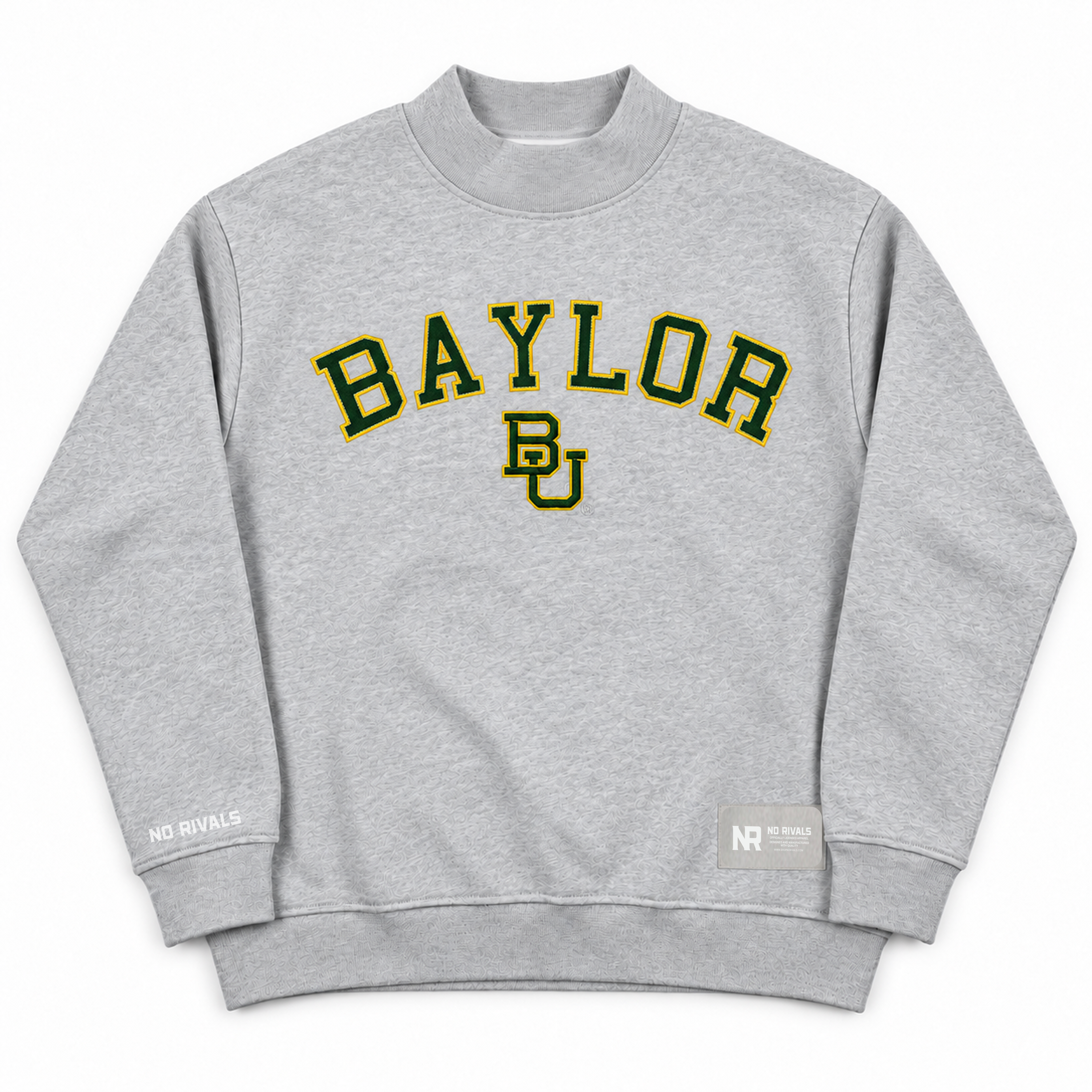 Oversized gray Baylor Mock Neck sweatshirt featuring BAYLOR and BU in green and yellow lettering on the chest.