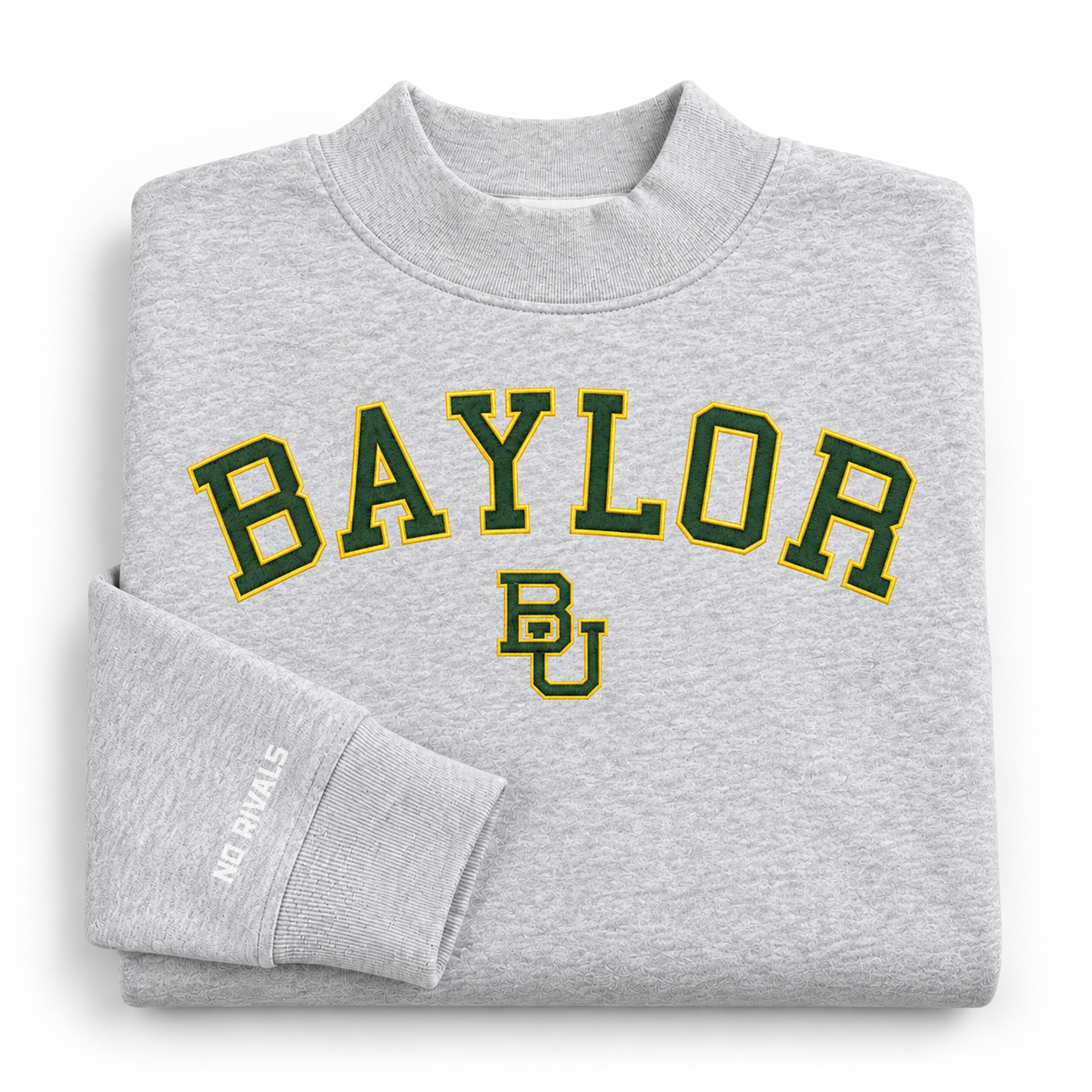 No Rivals Baylor Mock Neck oversized grey sweatshirt featuring the word BAYLOR and a BU logo in green with gold outlining, with a small brand logo on the sleeve cuff.