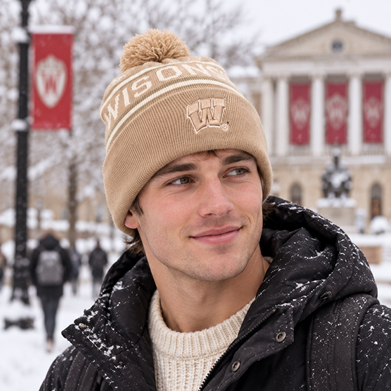 A young man in a No Rivals Wisconsin Badger Desert Beanie, featuring an officially licensed embroidered logo, and a black jacket stands outside on a snowy campus with university banners and a historic building in the background—showcasing the perfect gameday fit.