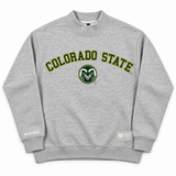 Gray, heavyweight cotton No Rivals Colorado State Mock Neck sweatshirt featuring a green and yellow Colorado State ram mascot logo on the chest.