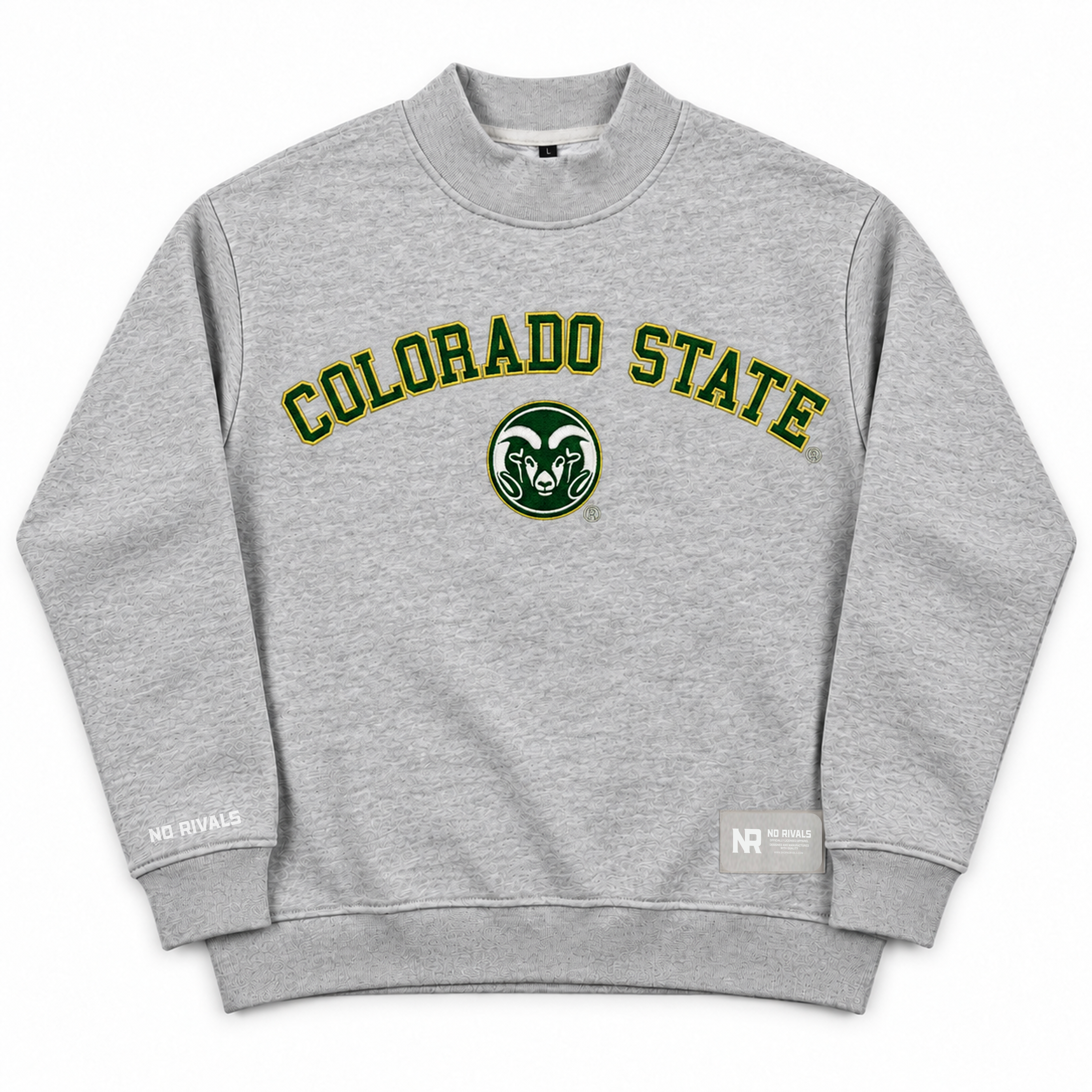 Gray, heavyweight cotton No Rivals Colorado State Mock Neck sweatshirt featuring a green and yellow Colorado State ram mascot logo on the chest.