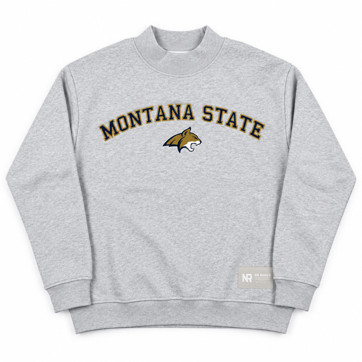 Oversized grey Montana State Mock Neck - Grey sweatshirt featuring a mock neck, the text MONTANA STATE, and a bobcat mascot logo on the chest.