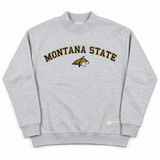 Oversized grey Montana State Mock Neck - Grey sweatshirt featuring a mock neck, the text MONTANA STATE, and a bobcat mascot logo on the chest.