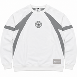 Oversized white No Rivals Penn State Hockey Ice Crewneck in heavyweight cotton with grey side panels and a Penn State Hockey logo on the chest.