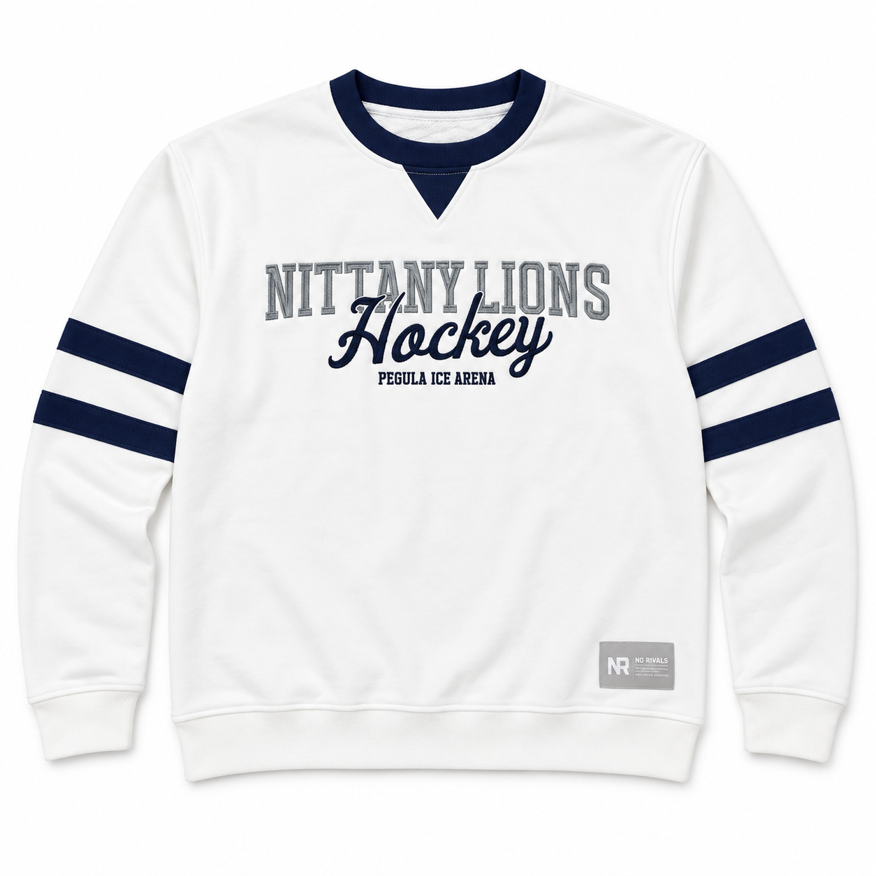 No Rivals Penn State Hockey Stripe Crewneck: oversized white crewneck sweatshirt with a navy blue collar and sleeve stripes, featuring Nittany Lions Hockey Pegula Ice Arena text on the chest.