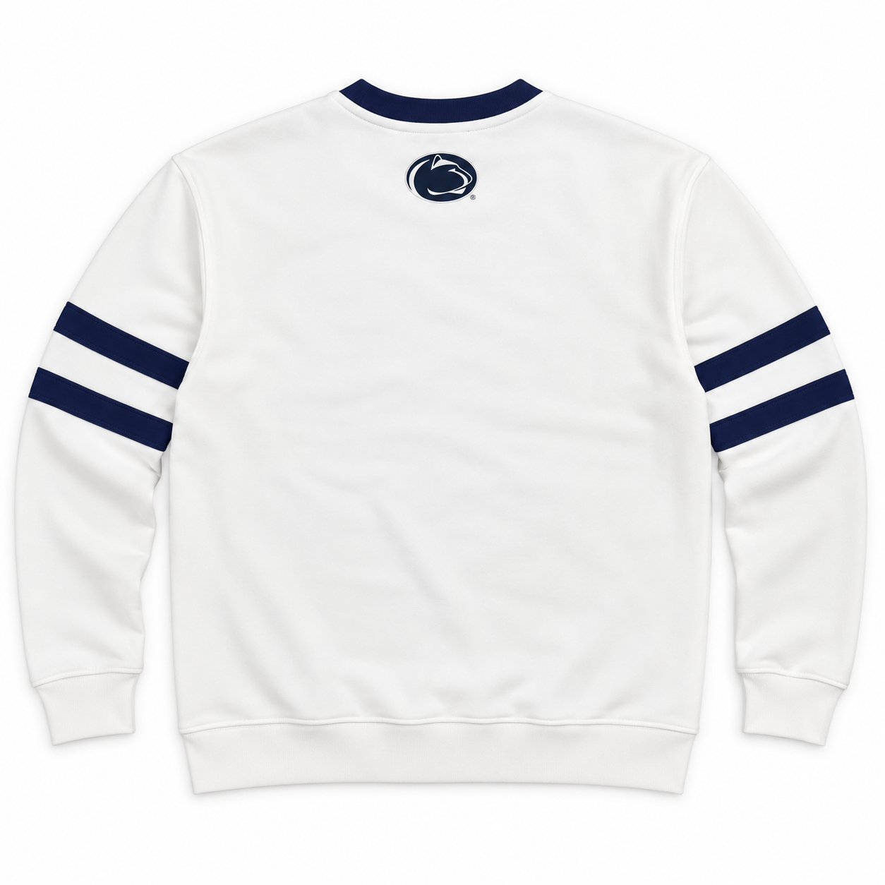 No Rivals Penn State Hockey Stripe Crewneck: an oversized white heavyweight cotton sweatshirt with a navy blue Nittany Lion logo at the center neckline and two navy blue stripes on each sleeve.