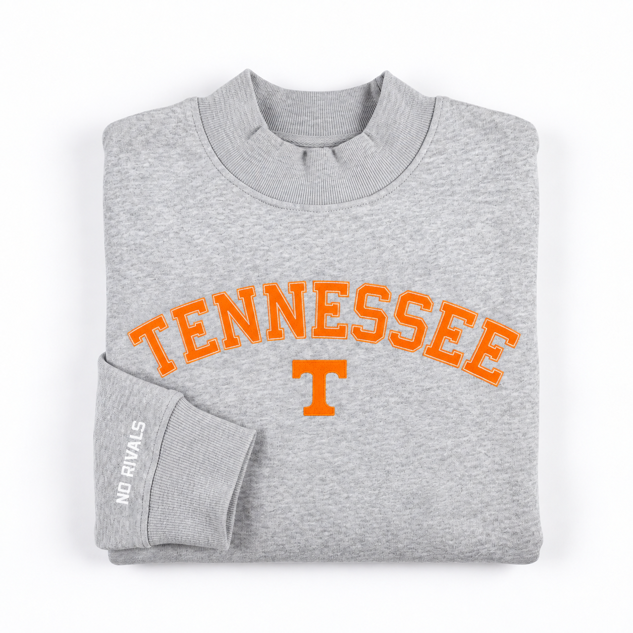 Folded grey heavyweight cotton Tennessee Arch Mock Neck sweatshirt with an orange TENNESSEE and T logo, featuring an oversized fit with NO RIVALS printed on the sleeve cuff.