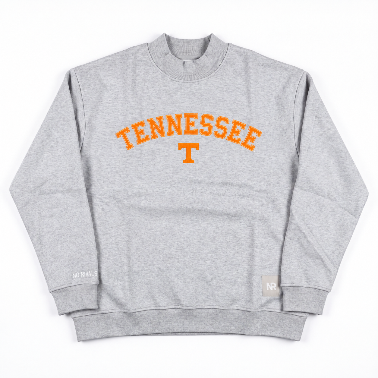 No Rivals Tennessee Arch Mock Neck: oversized grey long-sleeve mock neck sweatshirt with TENNESSEE and a T logo in orange arched across the chest.