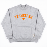 No Rivals Tennessee Arch Mock Neck: oversized grey long-sleeve mock neck sweatshirt with TENNESSEE and a T logo in orange arched across the chest.
