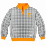 The Tennessee Reversible Windbreaker by No Rivals features a gray quarter-zip design with black grid pattern, orange collar, cuffs, hem, and a large embroidered orange T logo on the left chest.