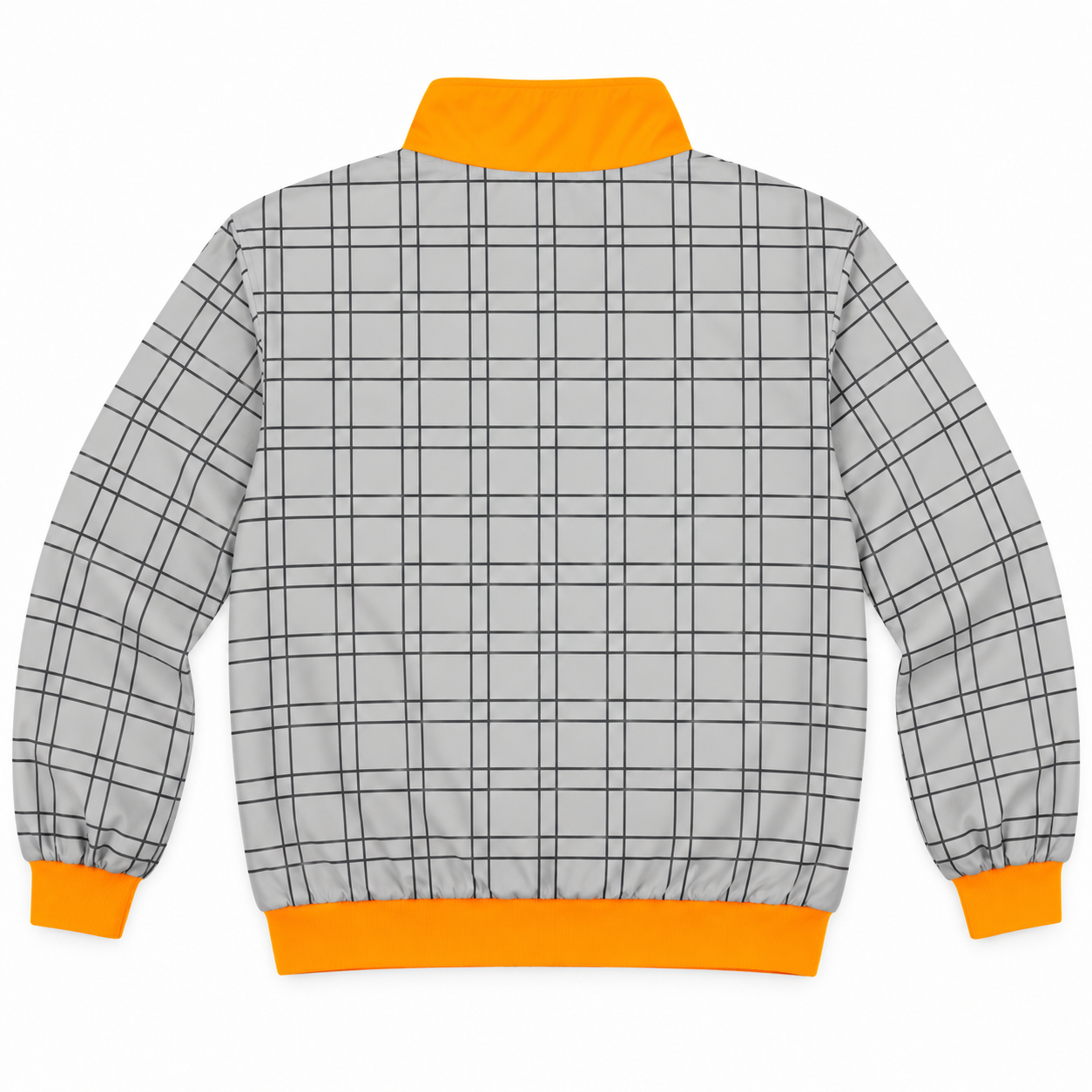 The Tennessee Reversible Windbreaker by No Rivals features gray polyester with black grid lines, bright orange collar, cuffs, and waistband. Shown from the back on a white background.