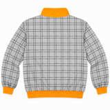 The Tennessee Reversible Windbreaker by No Rivals features gray polyester with black grid lines, bright orange collar, cuffs, and waistband. Shown from the back on a white background.