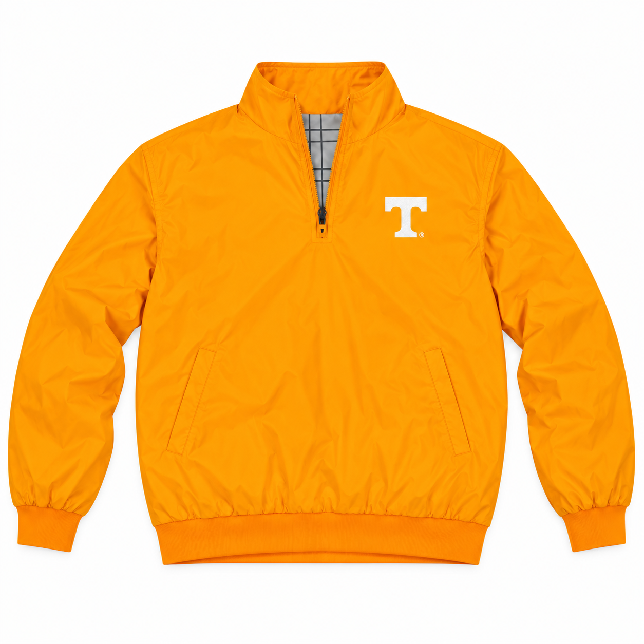The Tennessee Reversible Windbreaker by No Rivals is a bright orange polyester pullover with a white T logo, quarter-zip front, side pockets, ribbed cuffs and hem, and a gray plaid inside collar.