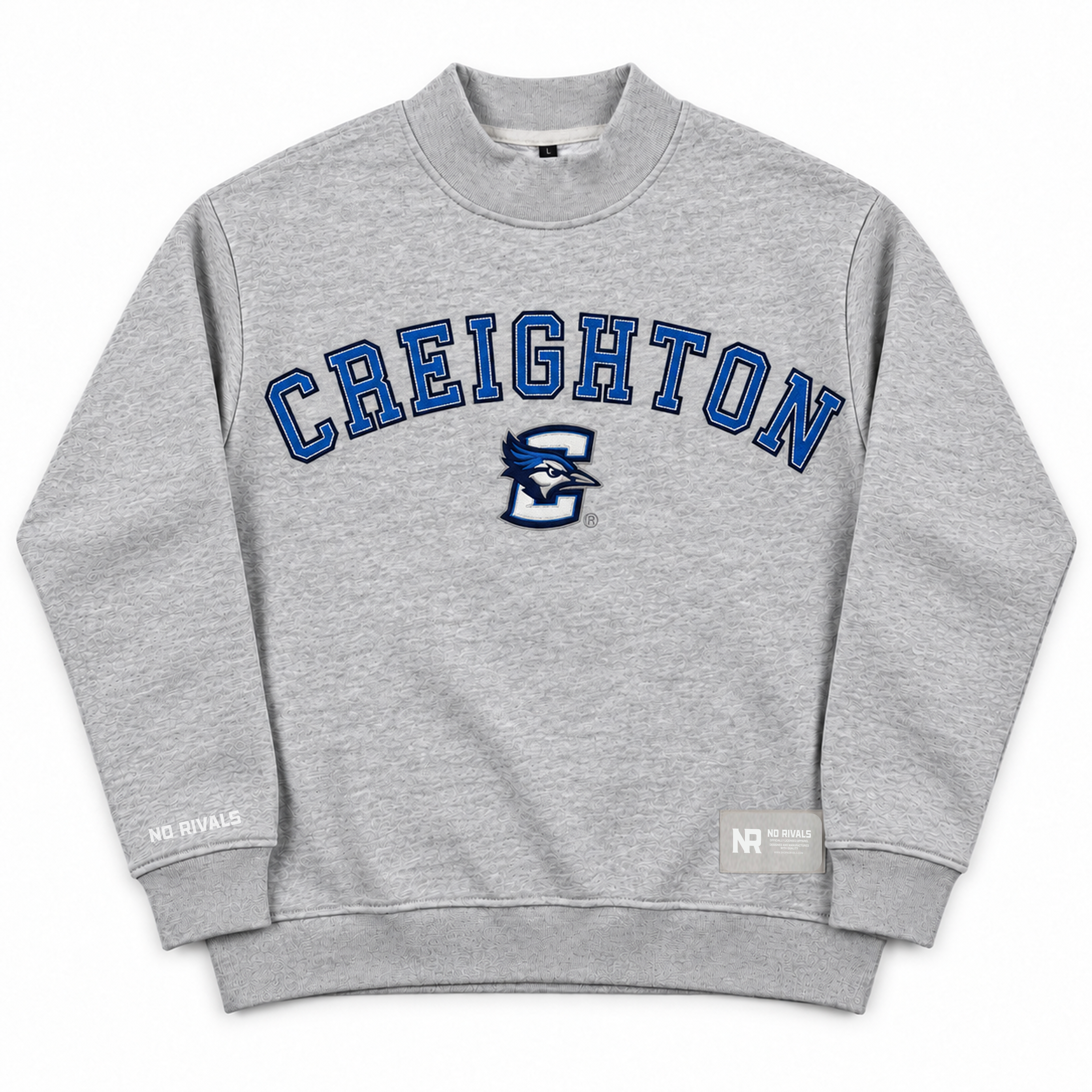 Oversized gray Creighton Mock Neck sweatshirt featuring CREIGHTON in blue varsity lettering above a blue jay mascot logo on the chest.