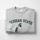 The Michigan State Mock Neck by No Rivals is a folded gray heavyweight cotton sweatshirt featuring "MICHIGAN STATE" and a green Spartan helmet on the front, plus "NO RIVALS" in white near the cuff, set on a plain white background.