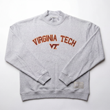 The No Rivals Virginia Tech Mock Neck is a light gray heavyweight cotton sweatshirt featuring VIRGINIA TECH and the VT logo in orange and maroon on the chest, displayed flat on a white background.
