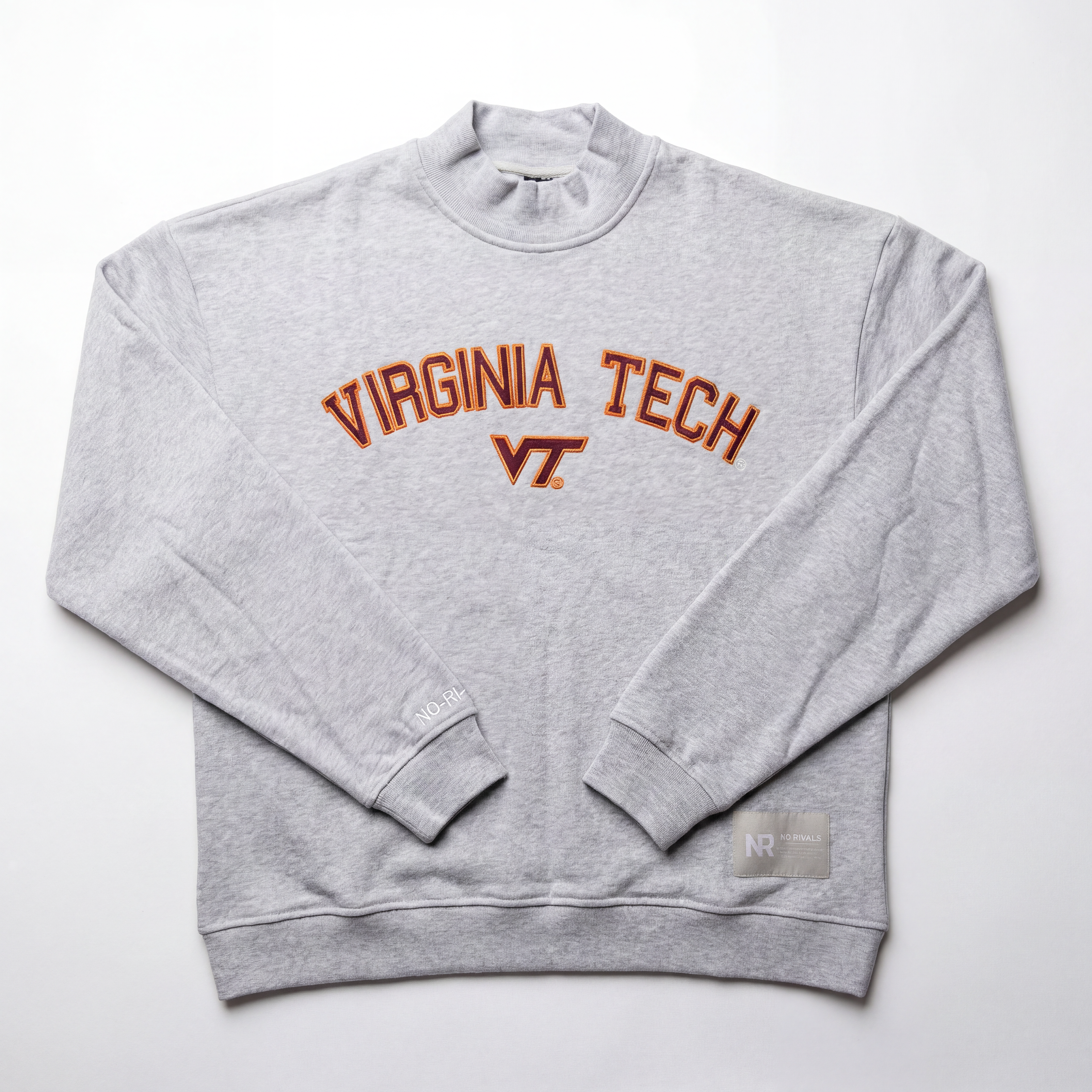 The No Rivals Virginia Tech Mock Neck is a light gray heavyweight cotton sweatshirt featuring VIRGINIA TECH and the VT logo in orange and maroon on the chest, displayed flat on a white background.