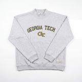 The No Rivals Georgia Tech Mock Neck is a light gray heavyweight cotton sweatshirt with GEORGIA TECH and the GT logo printed in gold and black on the front, shown laid flat on a white background.
