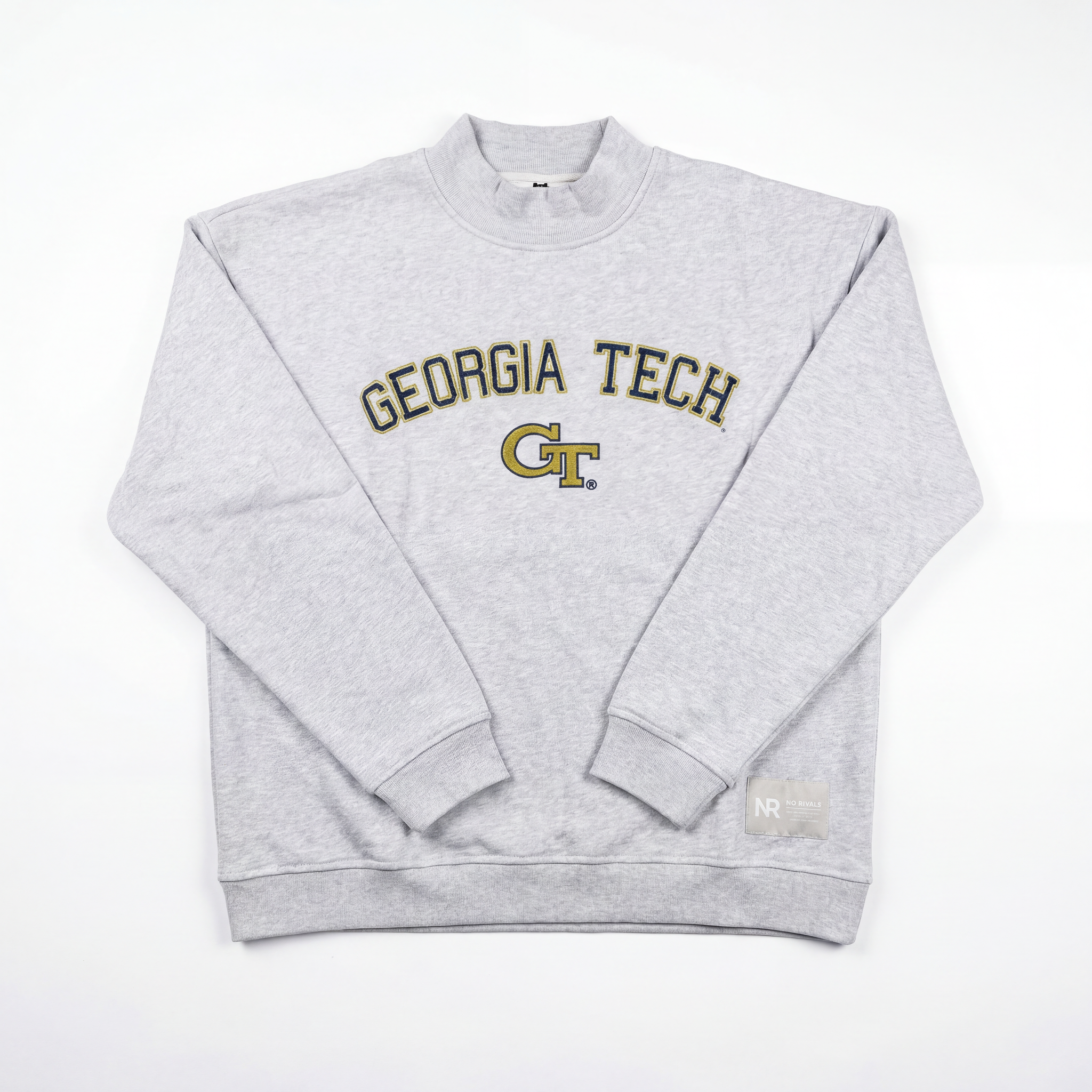 The No Rivals Georgia Tech Mock Neck is a light gray heavyweight cotton sweatshirt with GEORGIA TECH and the GT logo printed in gold and black on the front, shown laid flat on a white background.