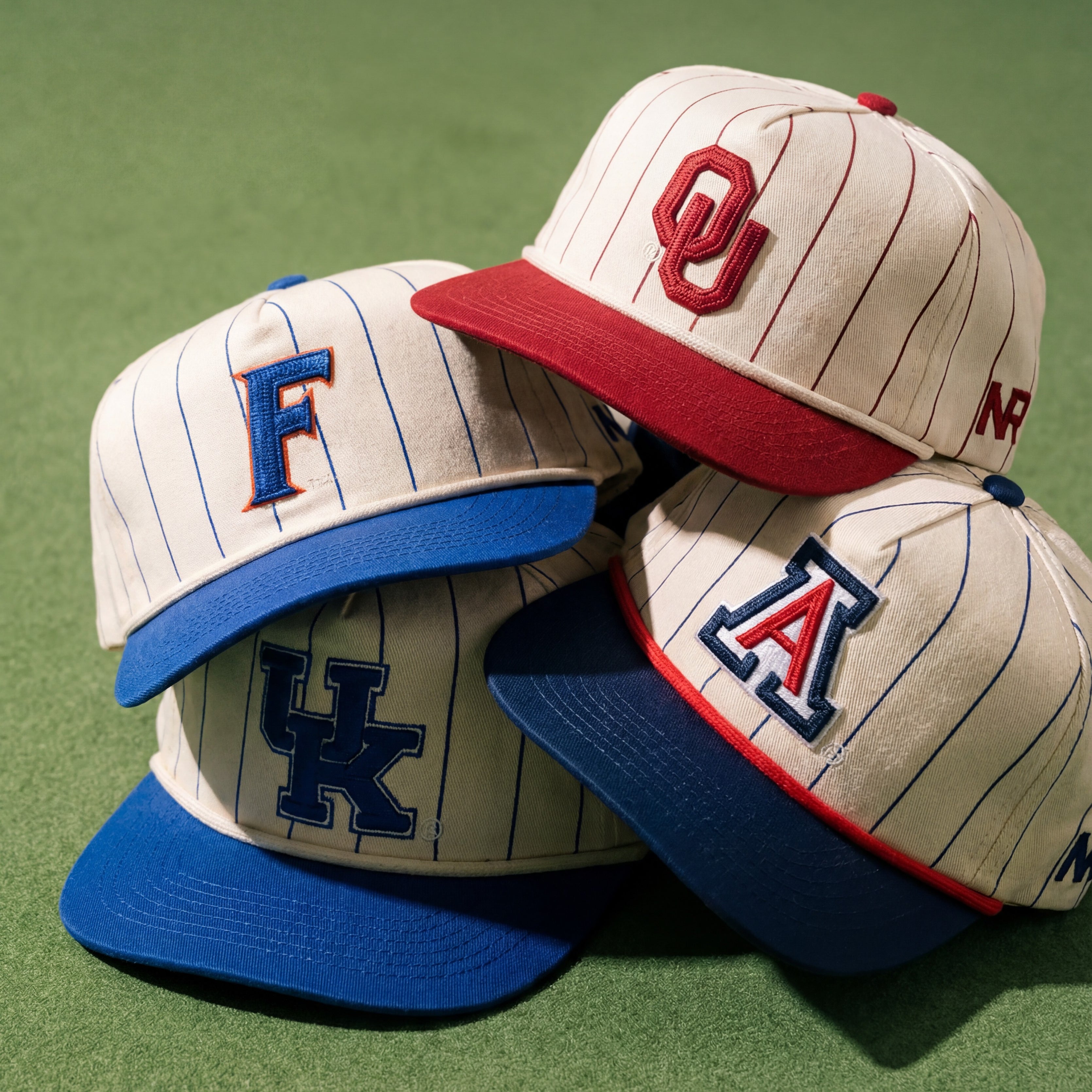 Four vintage-style baseball caps with blue and red brims, each featuring different embroidered letters (F, UK, A, and OU), are arranged in a pile on a green surface.