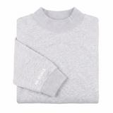 The Takedown Mockneck - Ash Grey - PRE-SALE is a heavyweight cotton sweatshirt in light grey with "NO RIVALS" printed in white on one sleeve cuff, shown folded on a white background.